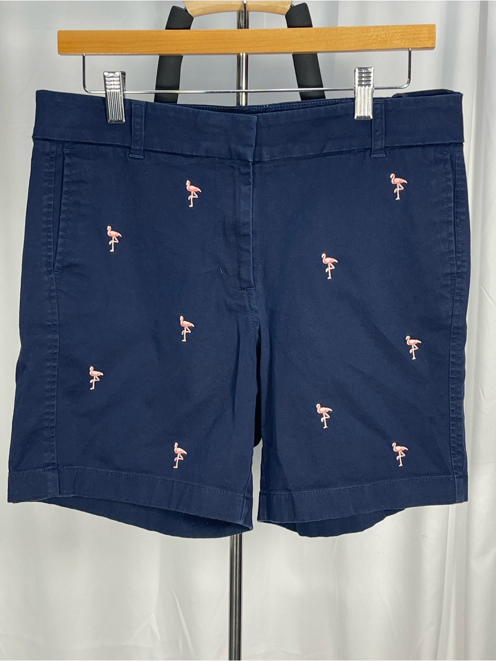 J. Crew Navy Shorts with Pink Flamingo Embroidery Sz 8, preppy summer vacation
